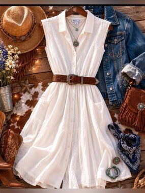 April Cornell White Eyelet Midi Dress with Button Front